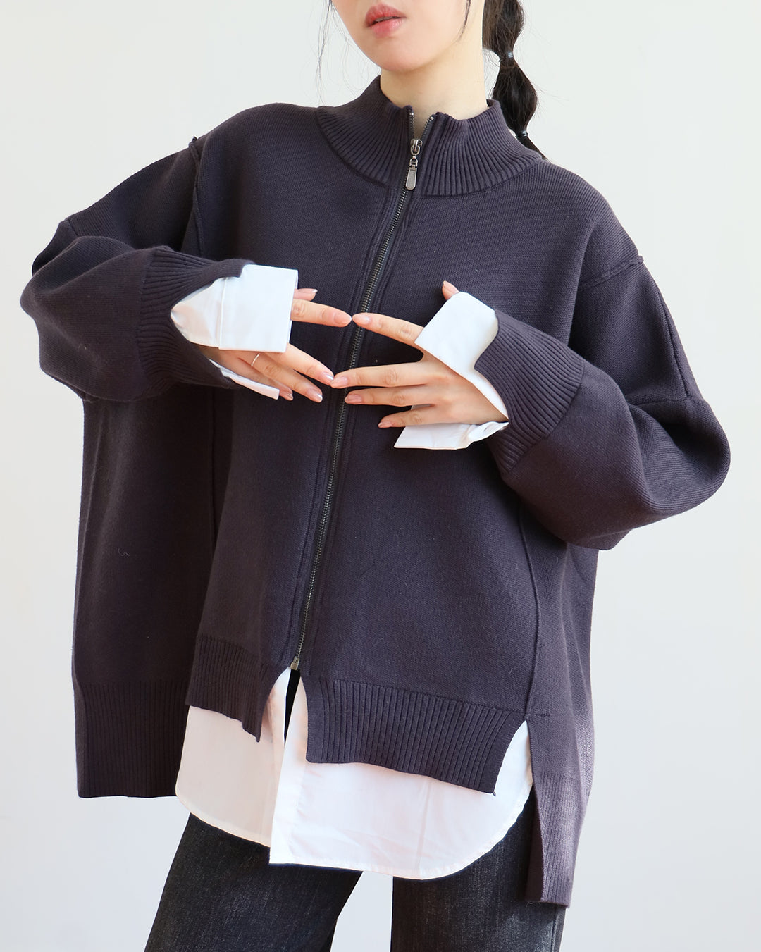 Zip-Up Cardigan w/ Shirt Layer