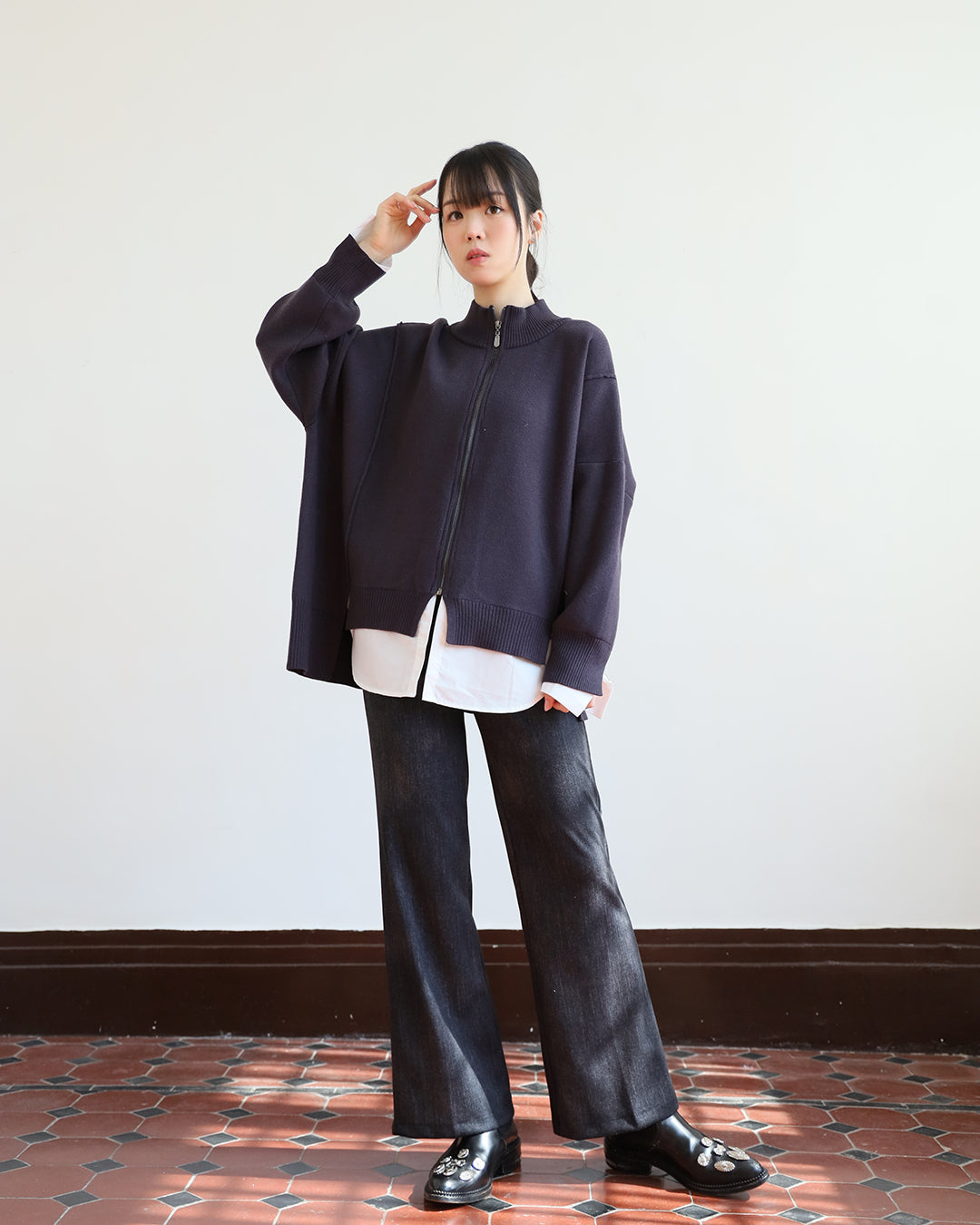 Zip-Up Cardigan w/ Shirt Layer