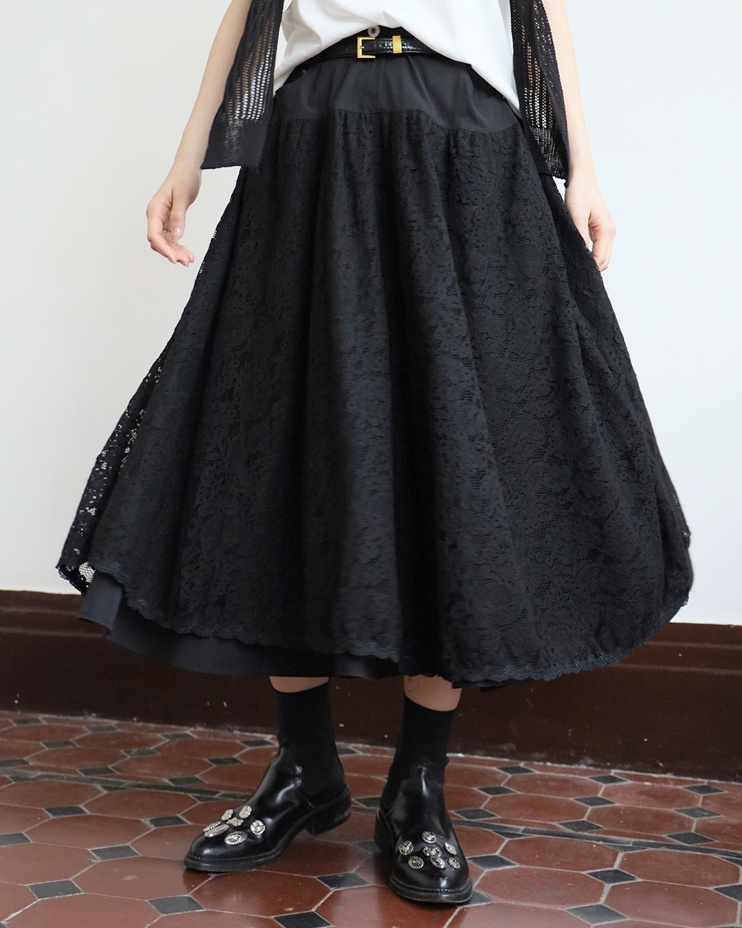 *Mix Fabric Lace Skater Skirt (2 Colors | Size S - L)