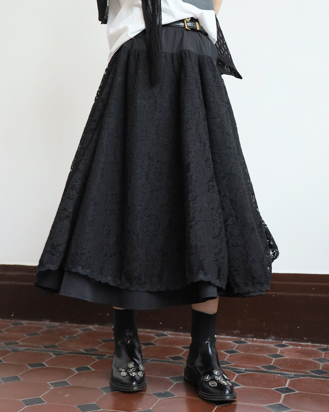 *Mix Fabric Lace Skater Skirt (2 Colors | Size S - L)