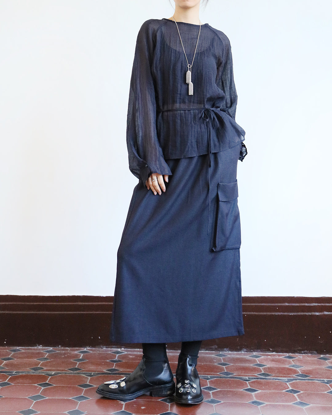 Crinkle Fabric Blouse w/ Belt
