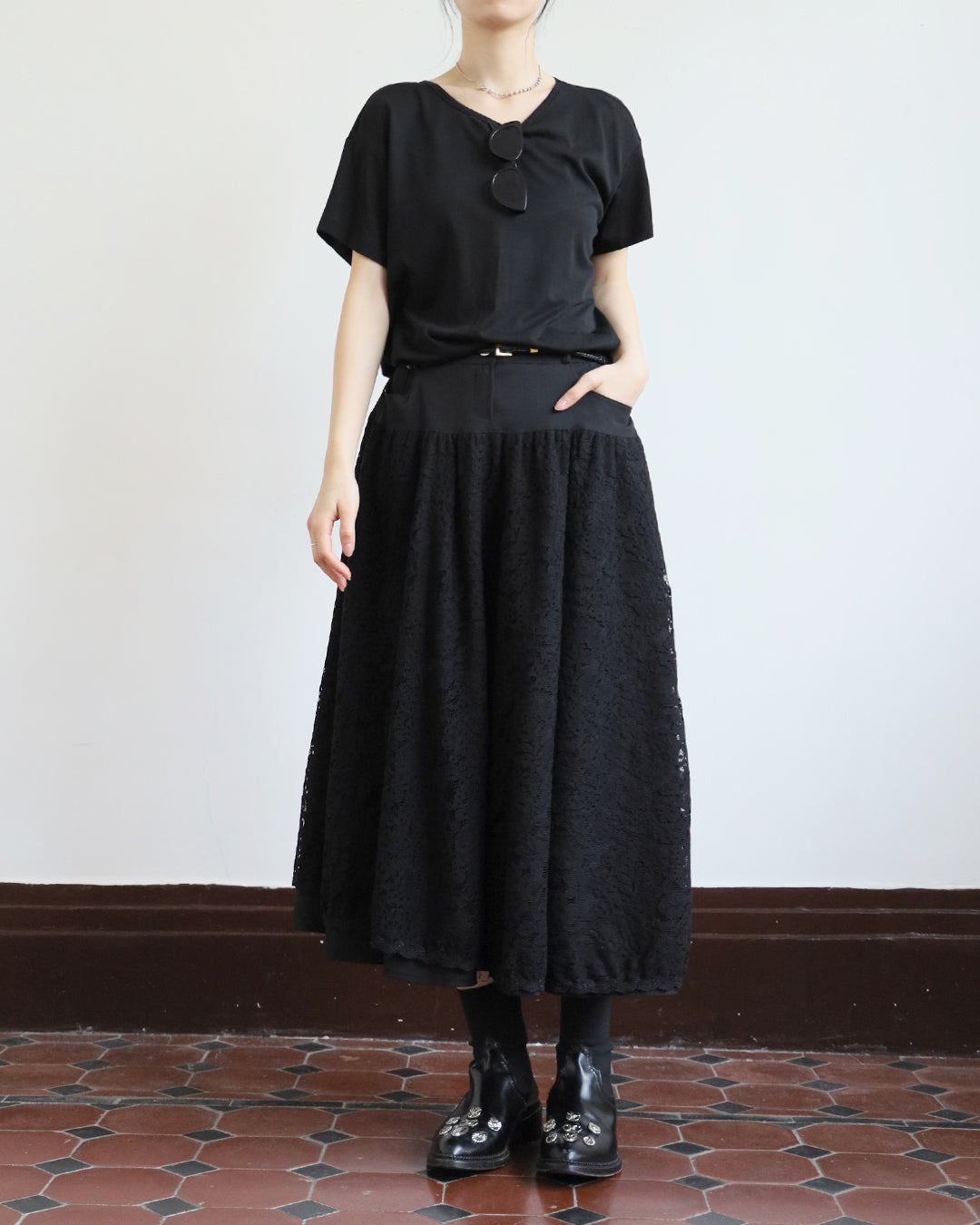 *Mix Fabric Lace Skater Skirt (2 Colors | Size S - L)