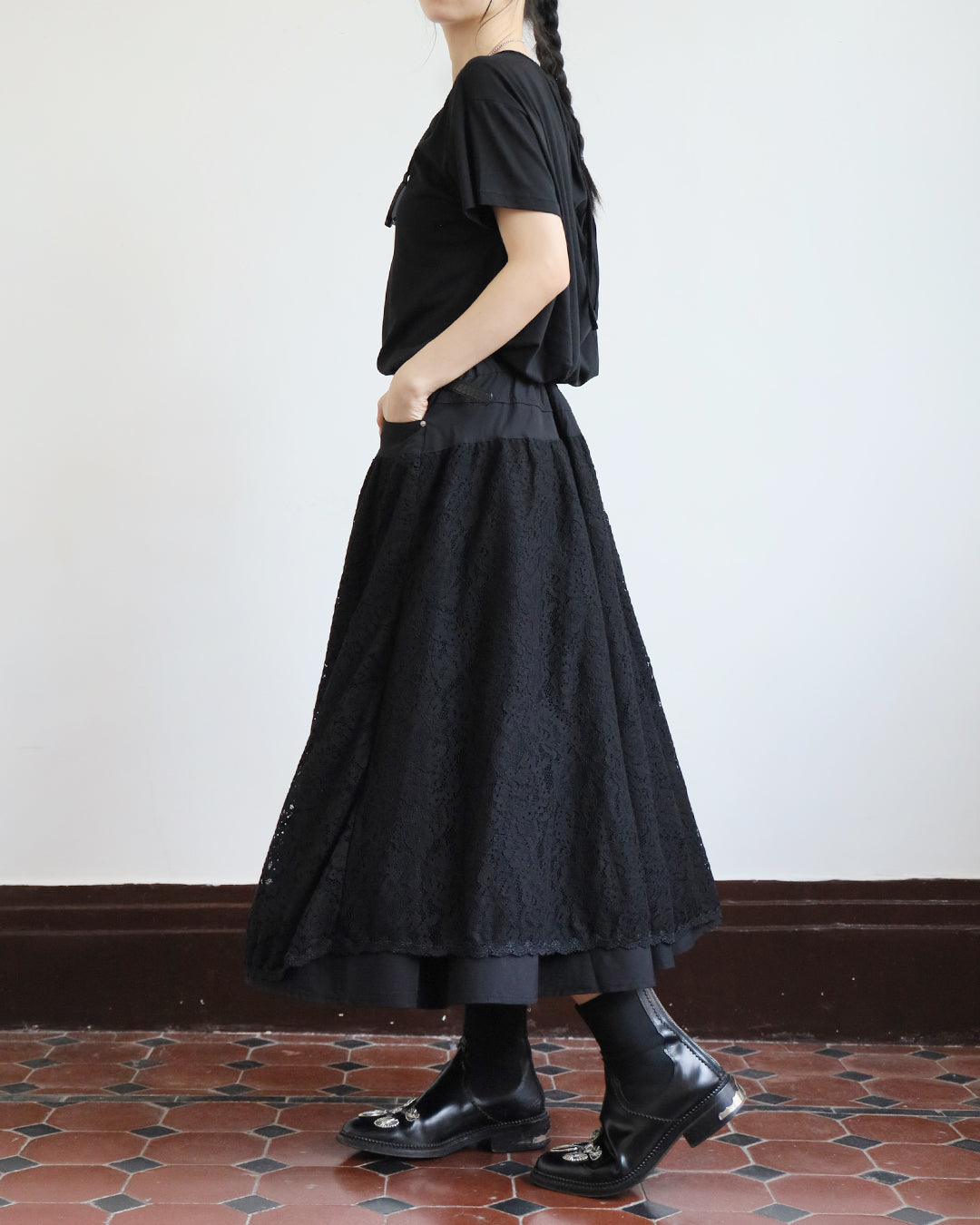 *Mix Fabric Lace Skater Skirt (2 Colors | Size S - L)