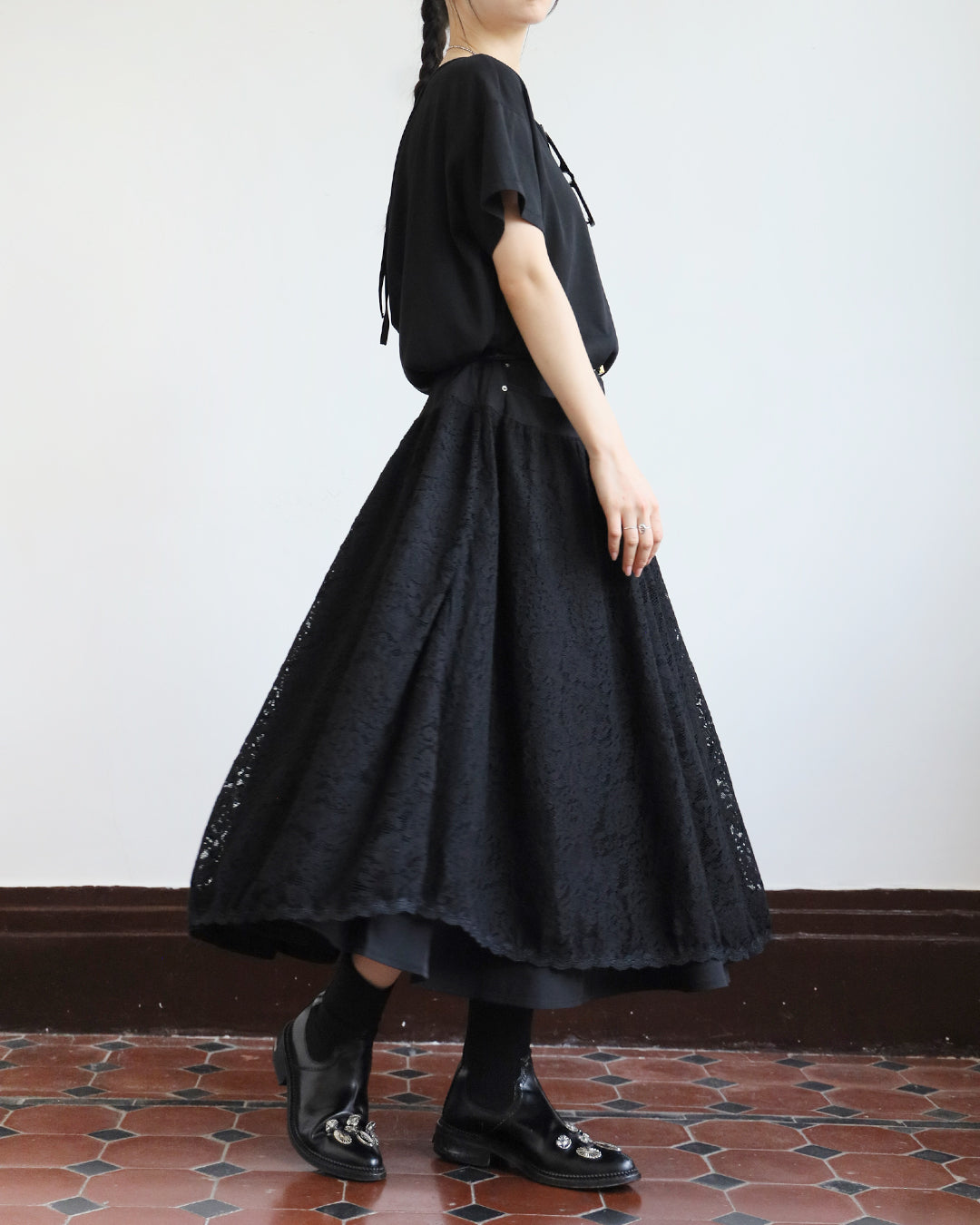 *Mix Fabric Lace Skater Skirt (2 Colors | Size S - L)