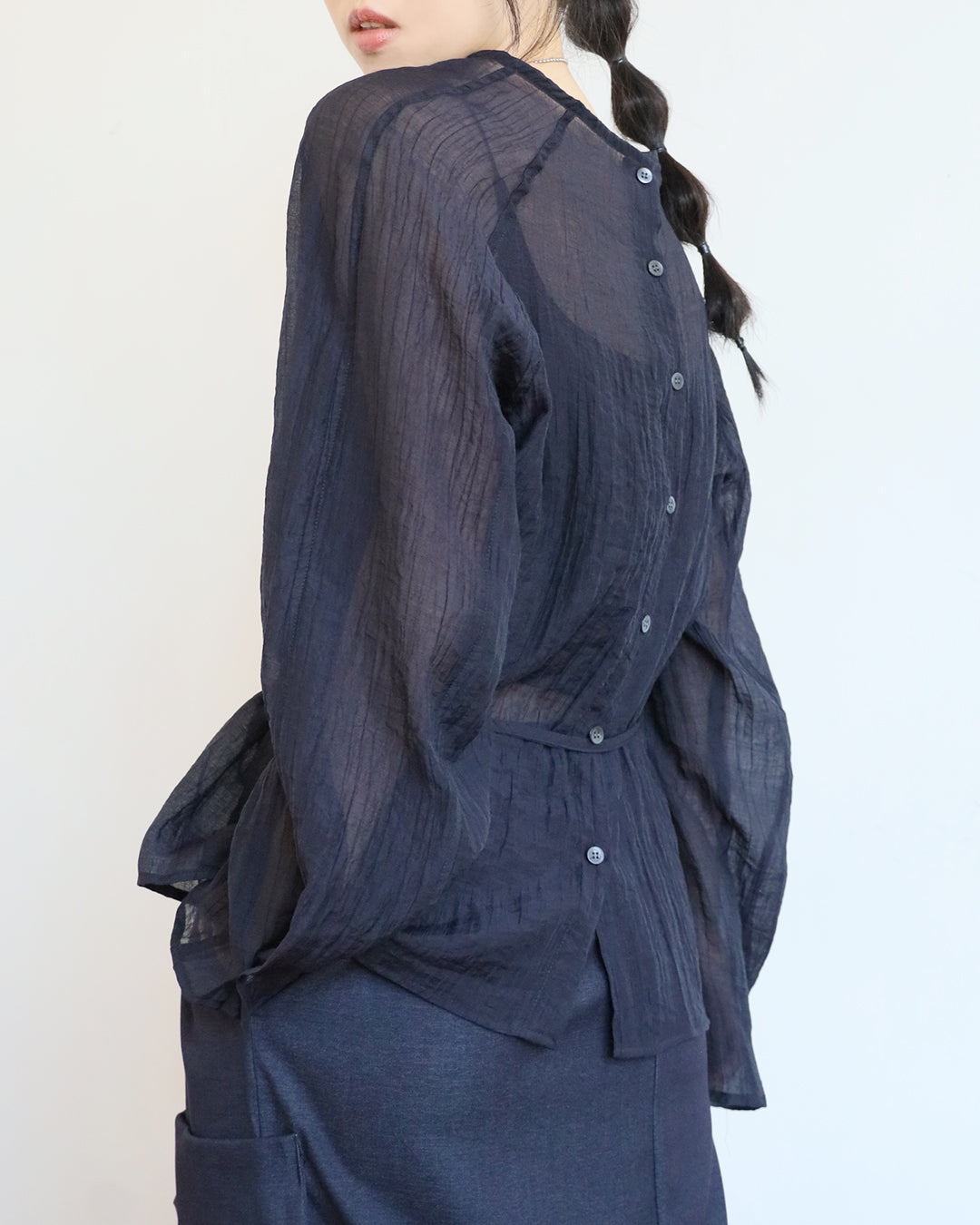 Crinkle Fabric Blouse w/ Belt