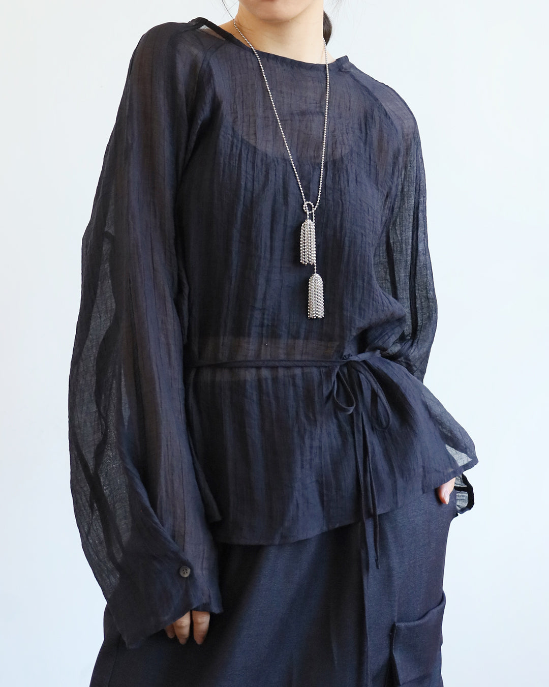 Crinkle Fabric Blouse w/ Belt