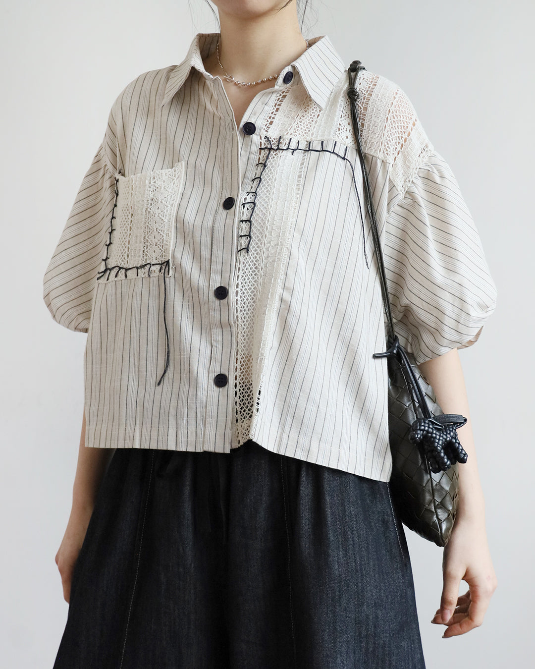 Contrast Stitch Striped Shirt w/ Lace Patchwork (2 Colors)