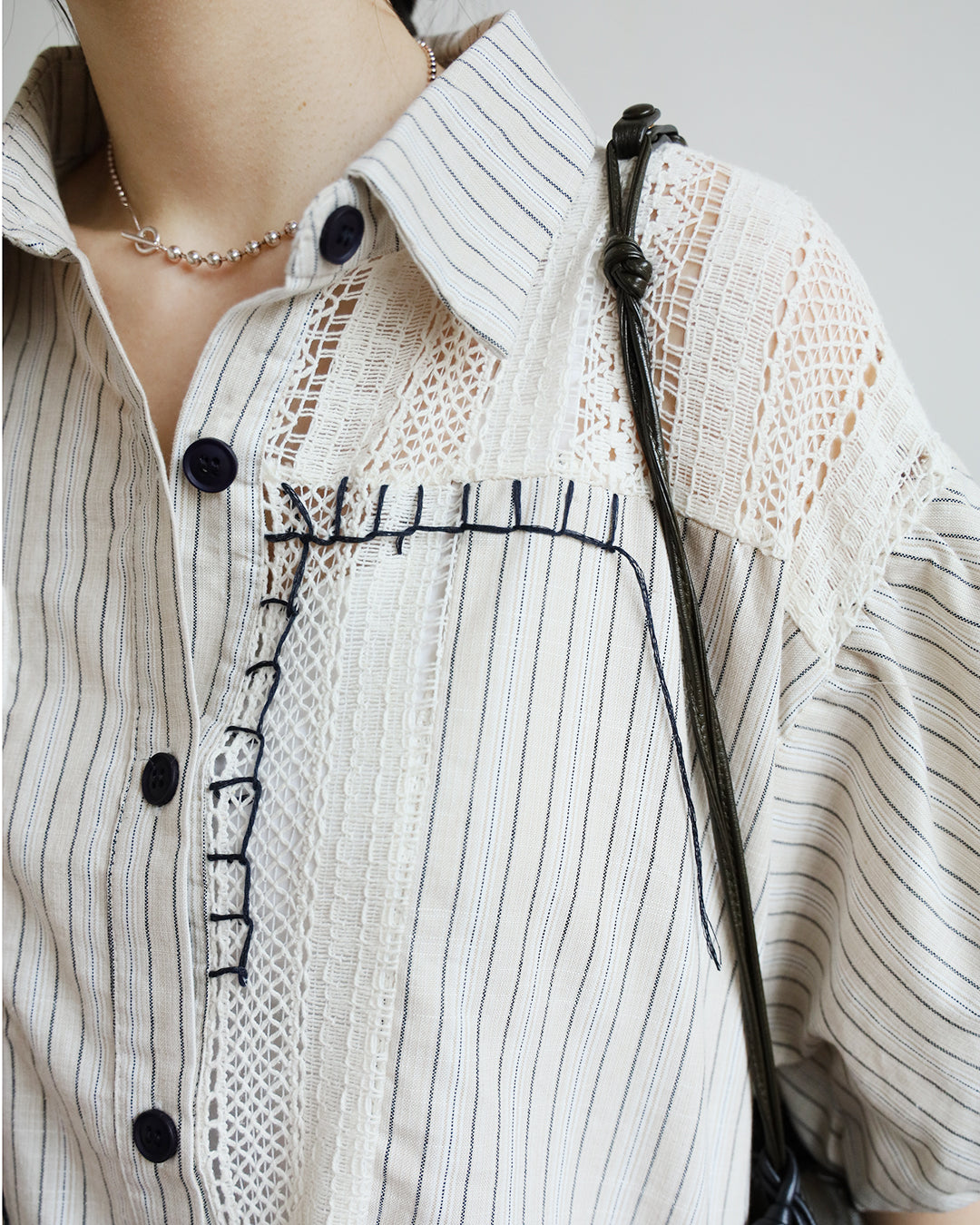 Contrast Stitch Striped Shirt w/ Lace Patchwork (2 Colors)