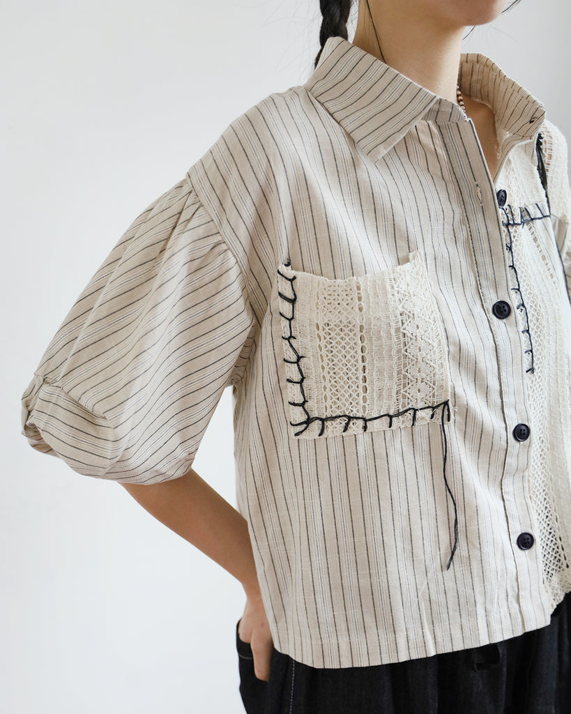 Contrast Stitch Striped Shirt w/ Lace Patchwork (2 Colors)