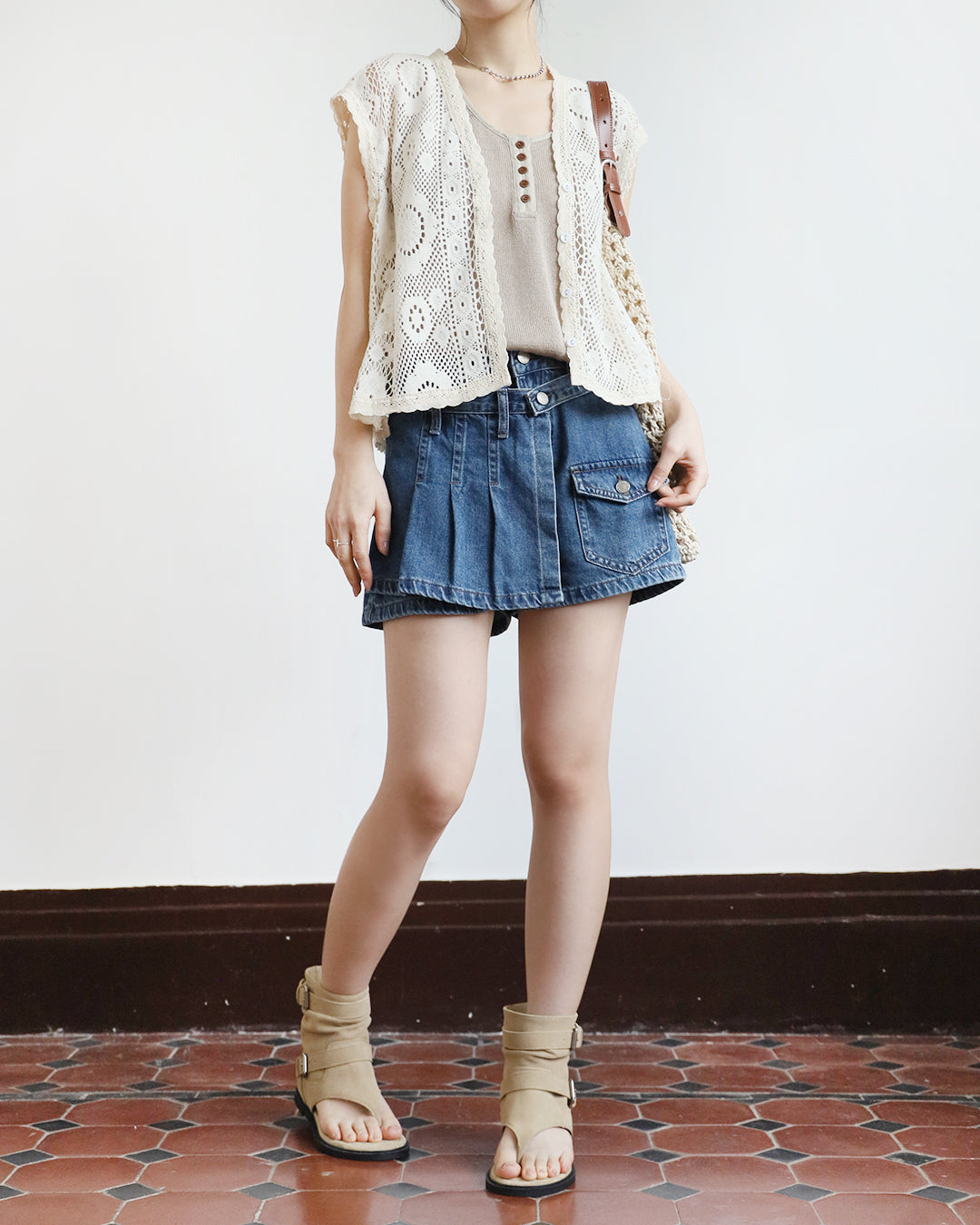 Pleated Layer Denim Shorts (Size S-L)