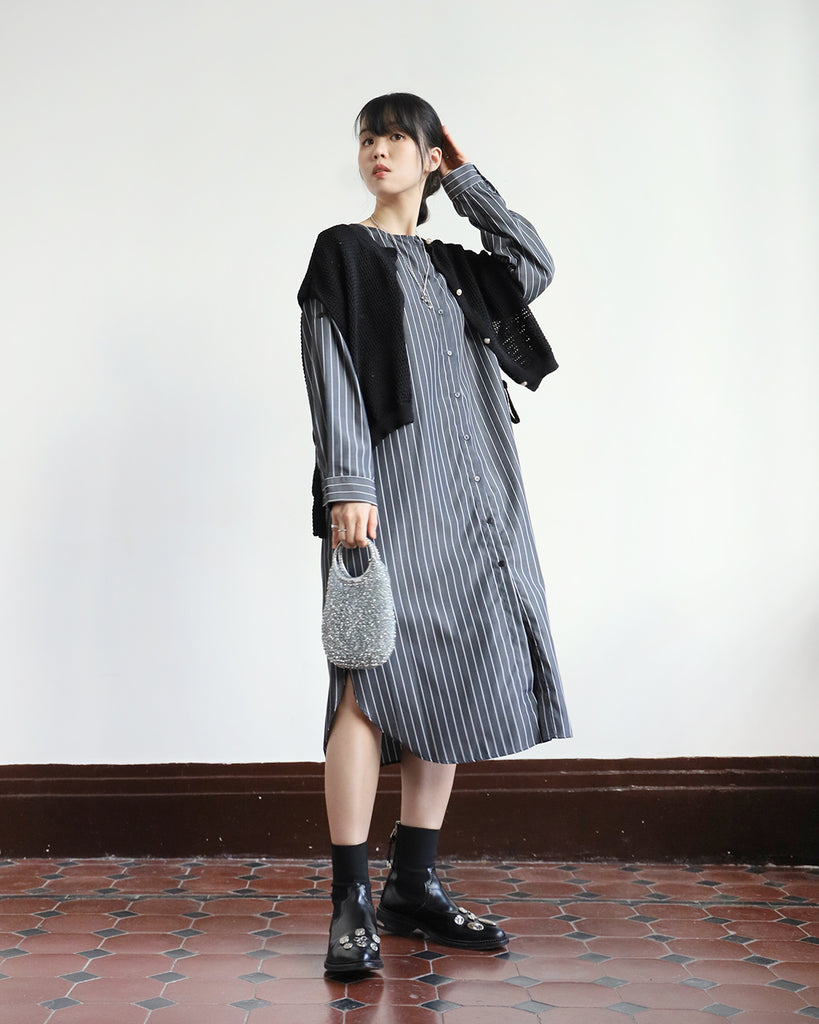 Pinstriped Shirt Dress w/ Knitted Vest