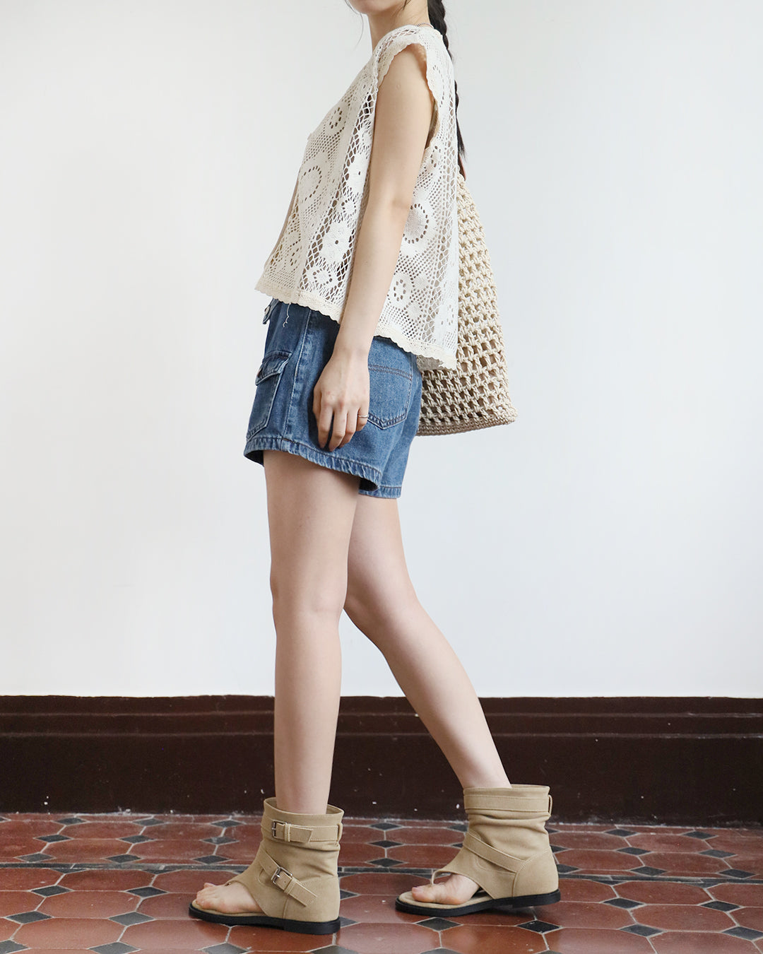 Pleated Layer Denim Shorts (Size S-L)