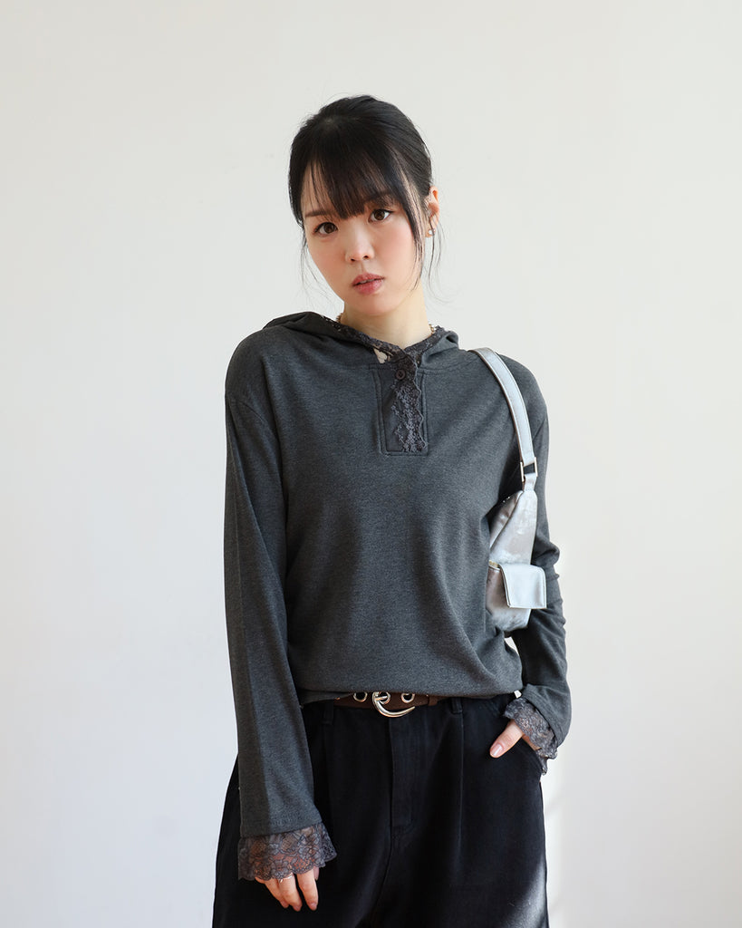 Lace Trim Hooded Top (2 color)