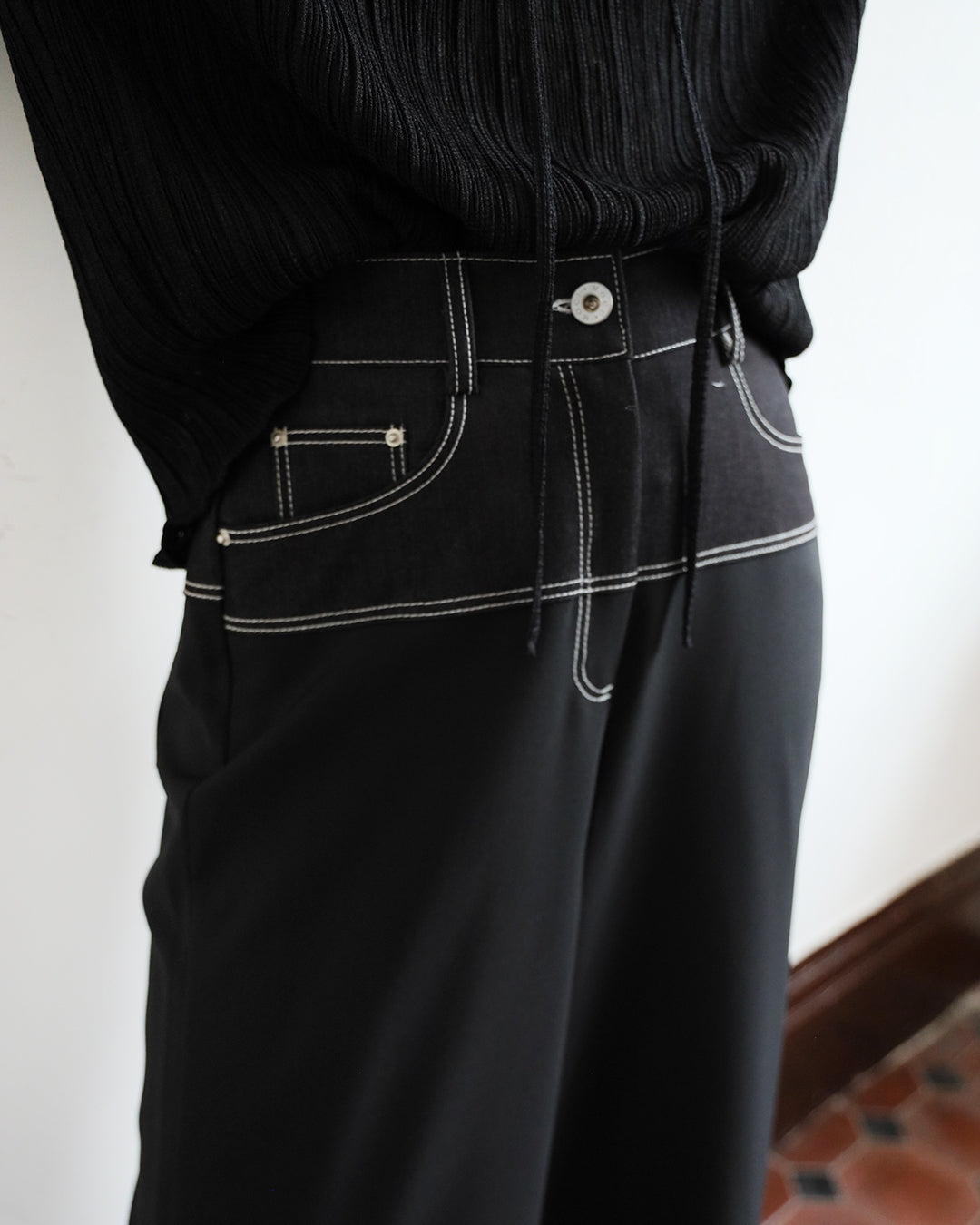 Mix Fabric Denim Pants (2 color) (Size S-L)
