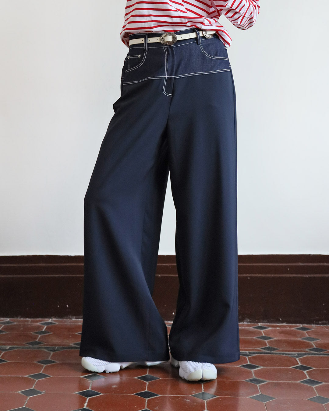 Mix Fabric Denim Pants (Black - Size S)