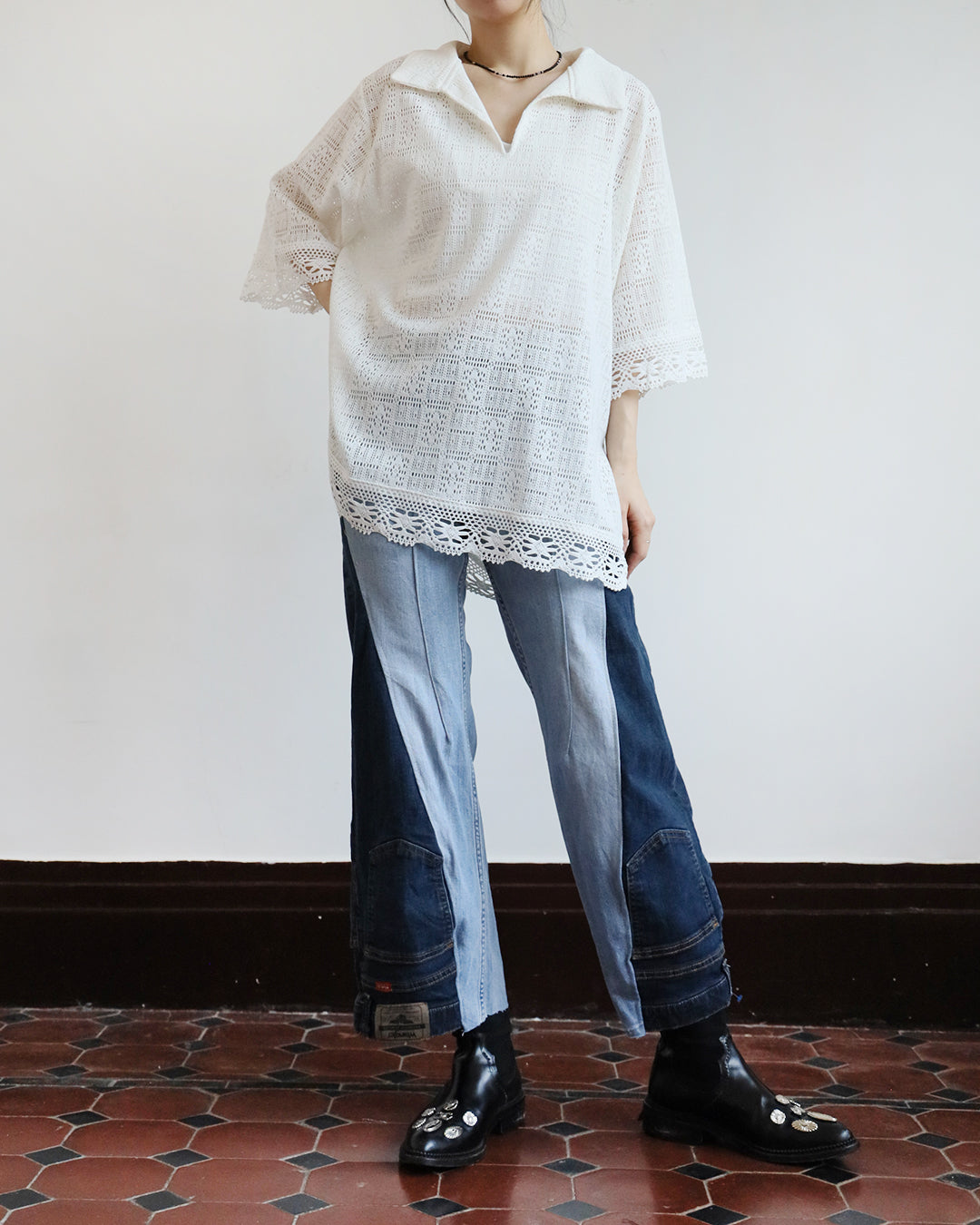 Lace Trim Crochet Polo Shirt (2 colors)