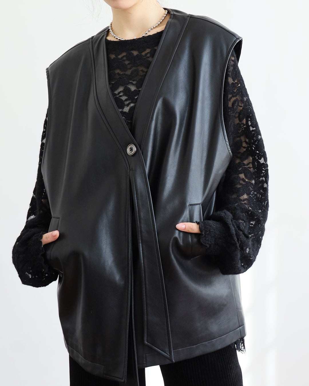 Faux Leather Collarless Vest (2 colors)