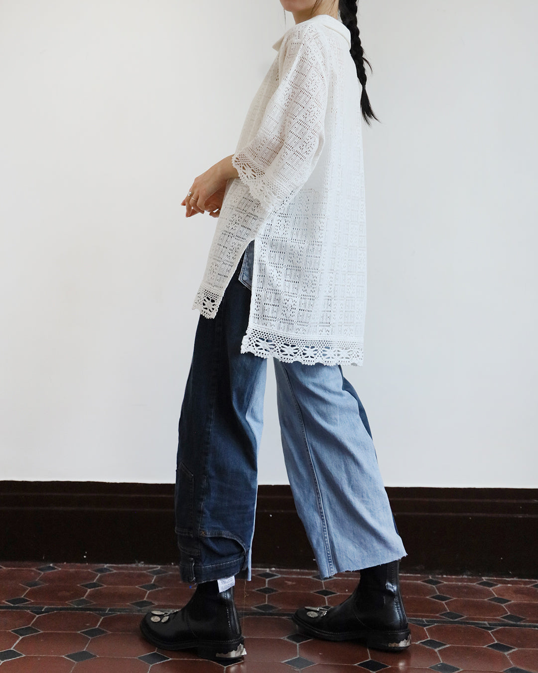 Lace Trim Crochet Polo Shirt (2 colors)