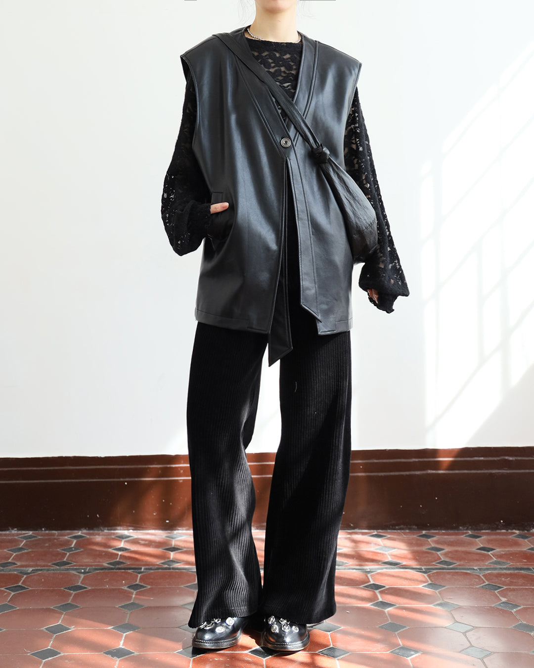 Faux Leather Collarless Vest (2 colors)