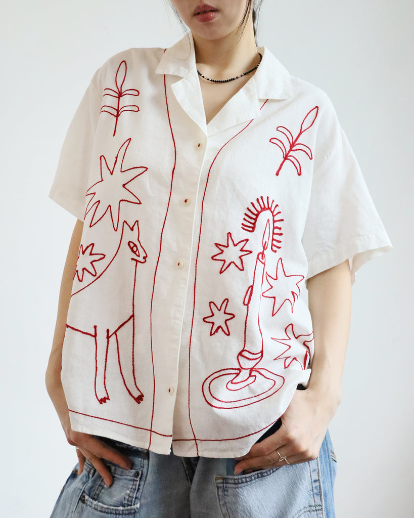 Embroidery Revere Collar Shirt  (2 Colors)