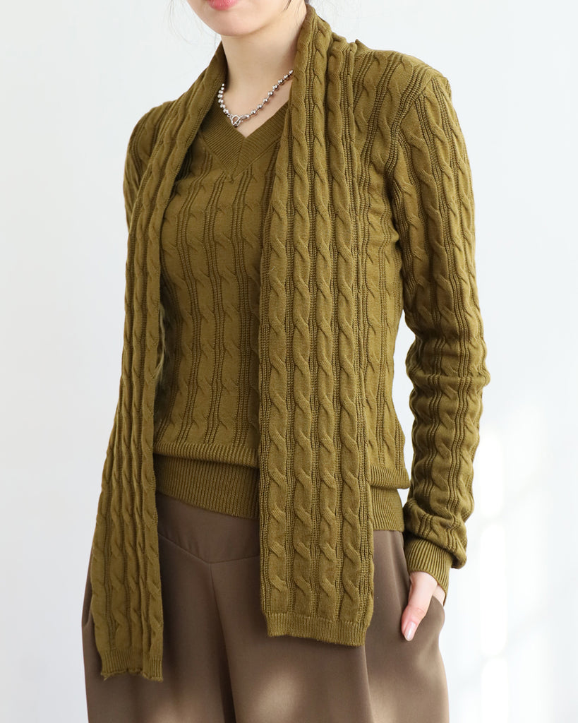 Braided V-Neck Knit Top w/ Scarf (2 colors)