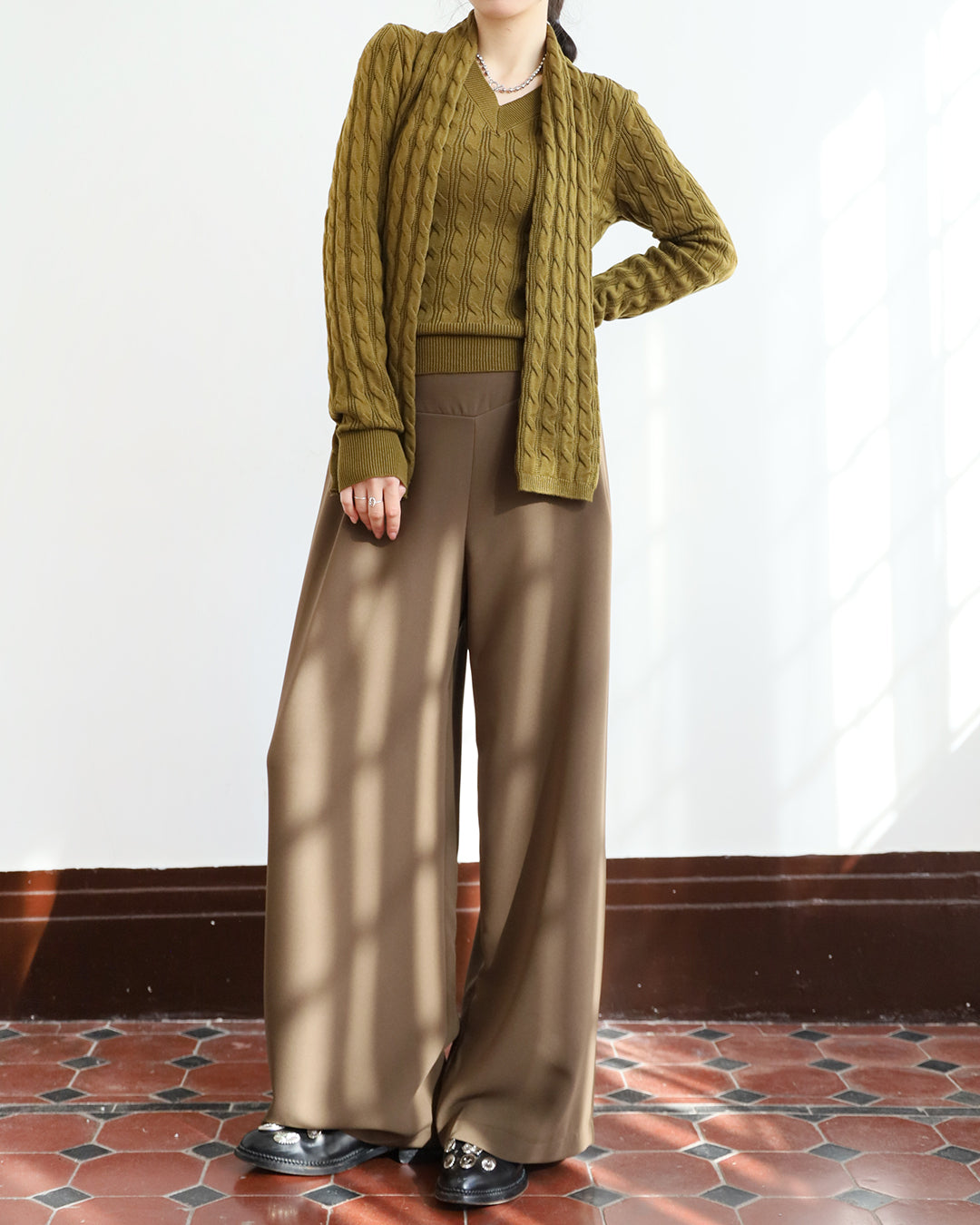Braided V-Neck Knit Top w/ Scarf (2 colors)