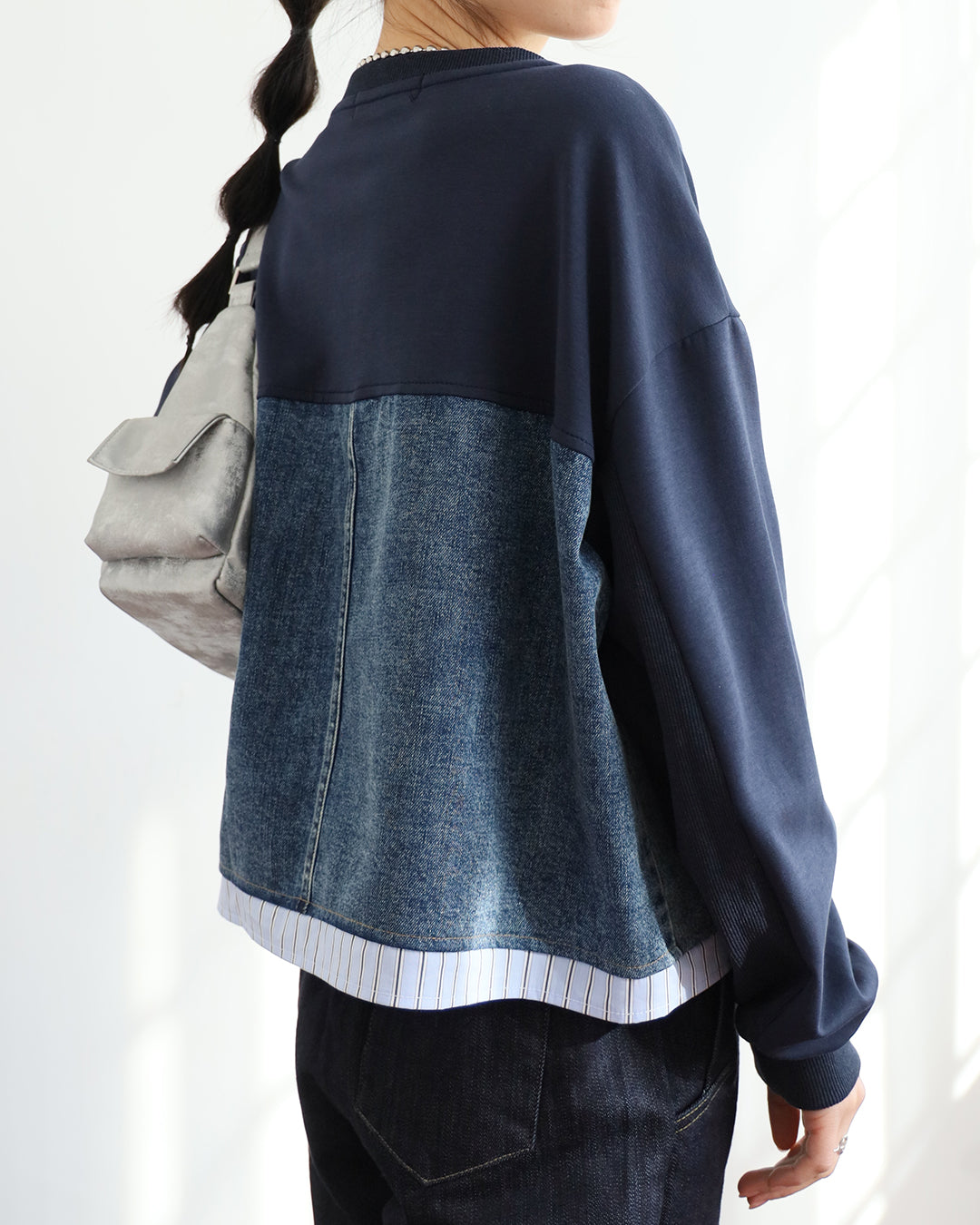Mix Fabric Denim Sweatshirt