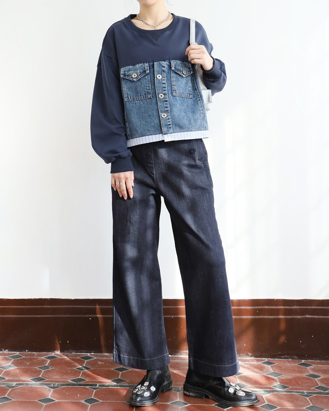 Mix Fabric Denim Sweatshirt