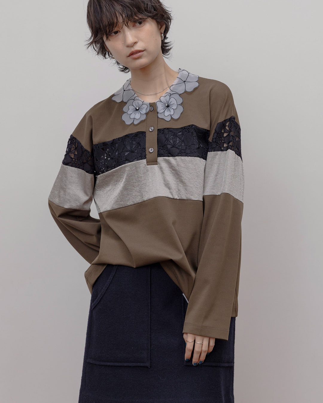 JAPAN BRAND - Floral Collar Lace Inserted Polo Shirt (2 Colors)