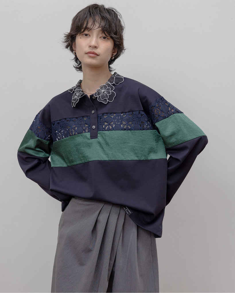 JAPAN BRAND - Floral Collar Lace Inserted Polo Shirt (2 Colors)