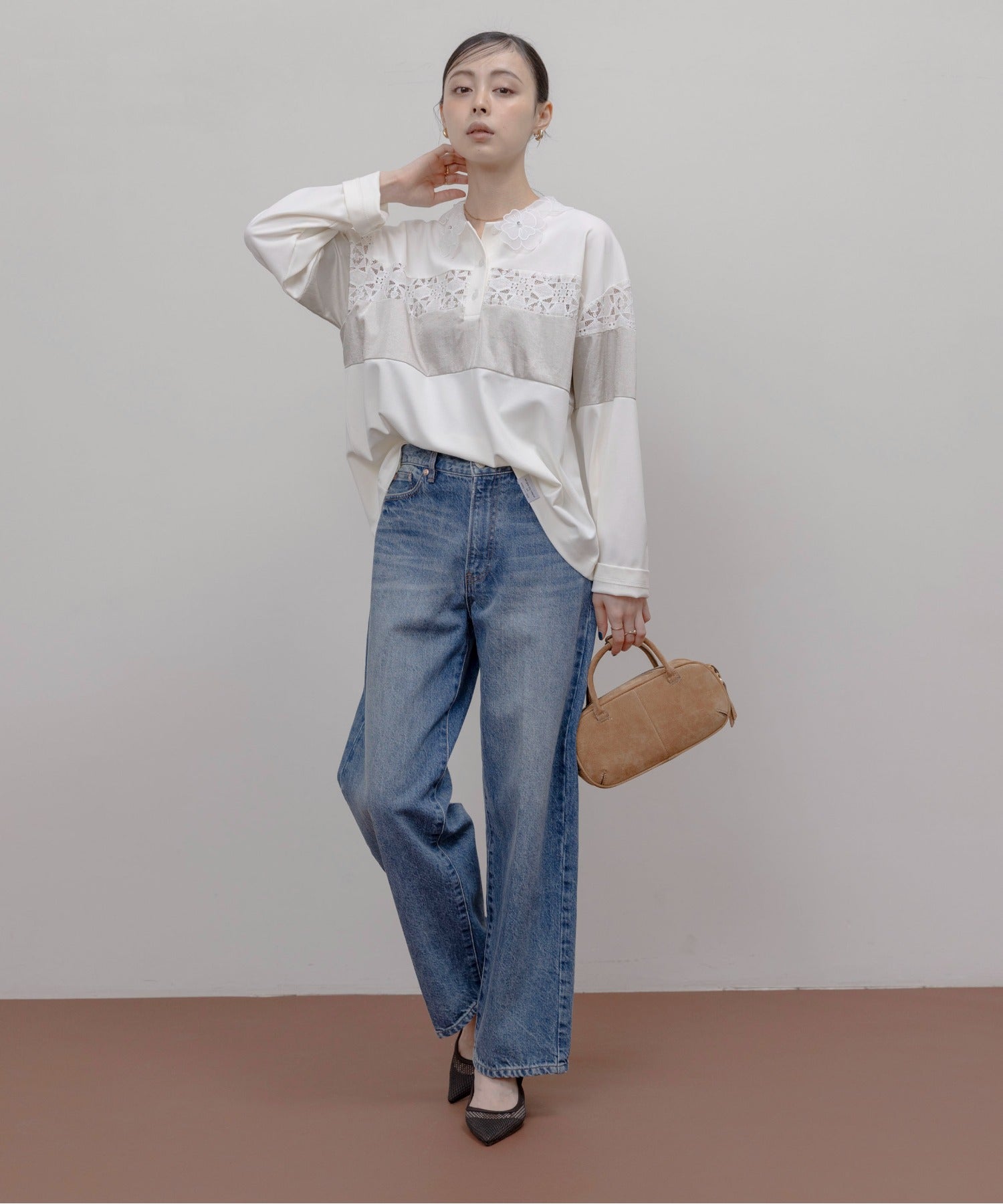 JAPAN BRAND - Floral Collar Lace Inserted Polo Shirt (2 Colors)