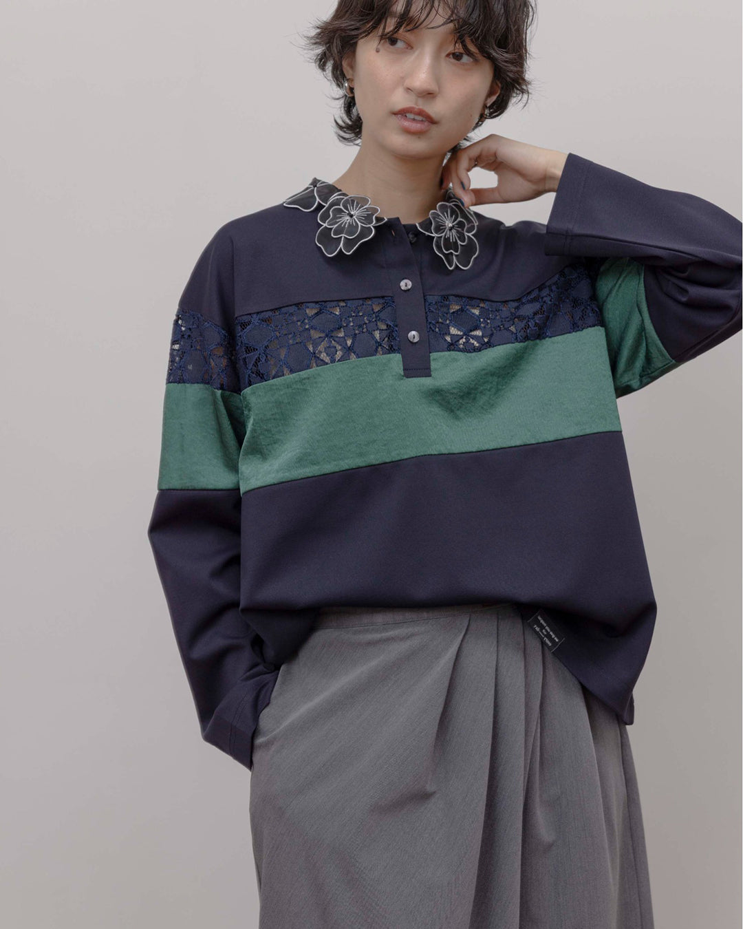 JAPAN BRAND - Floral Collar Lace Inserted Polo Shirt (2 Colors)