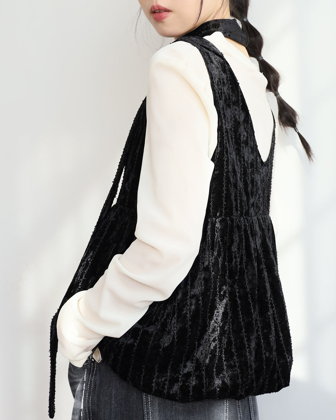 Basic Top + Velvet Peplum Hem Top (Set) (2 colors)