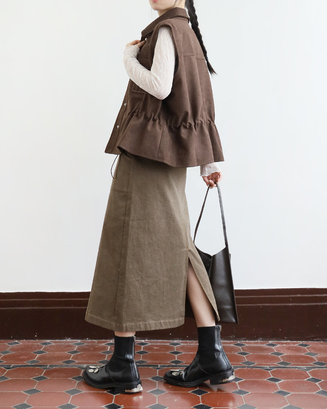 Woven-Collar Faux-Leather Vest (2 Colors)