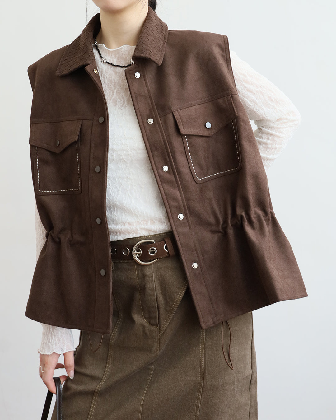 Woven-Collar Faux-Leather Vest (2 Colors)