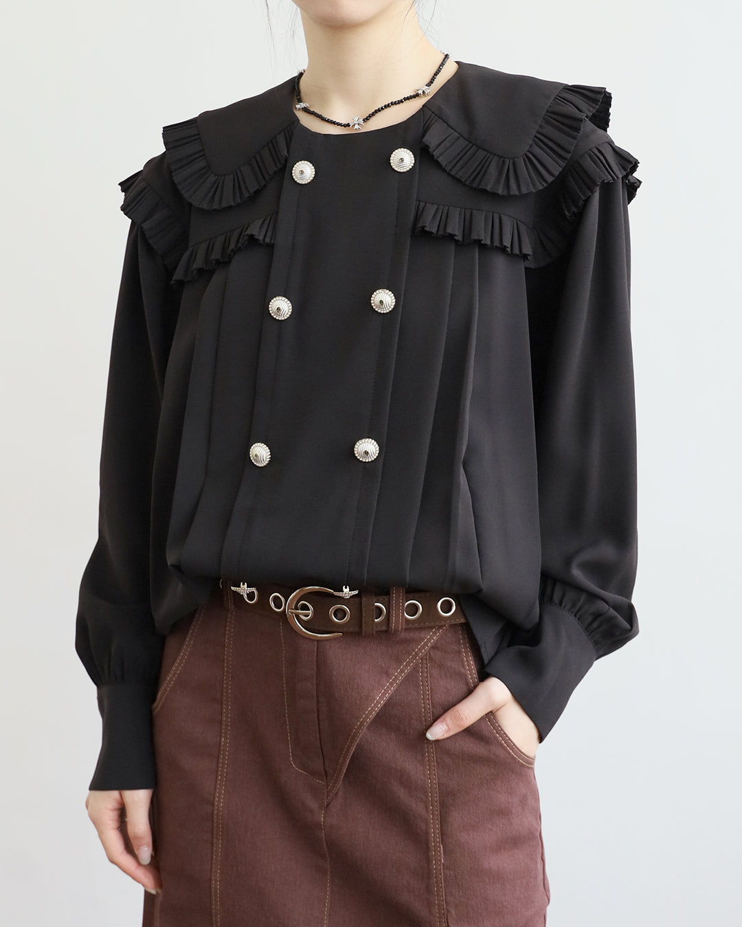 Ruffle Trimmed Pleated Top (2 Colors)
