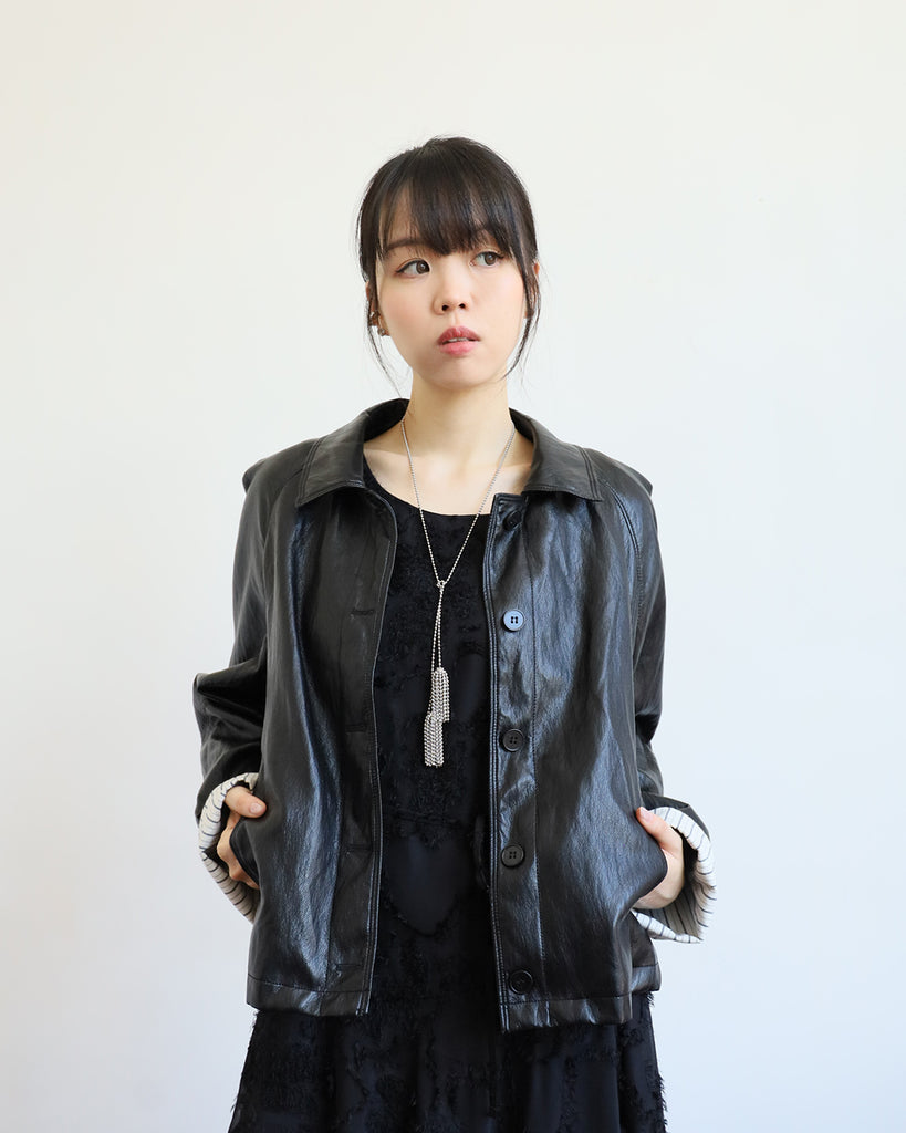 Striped Cuff Faux Leather Jacket