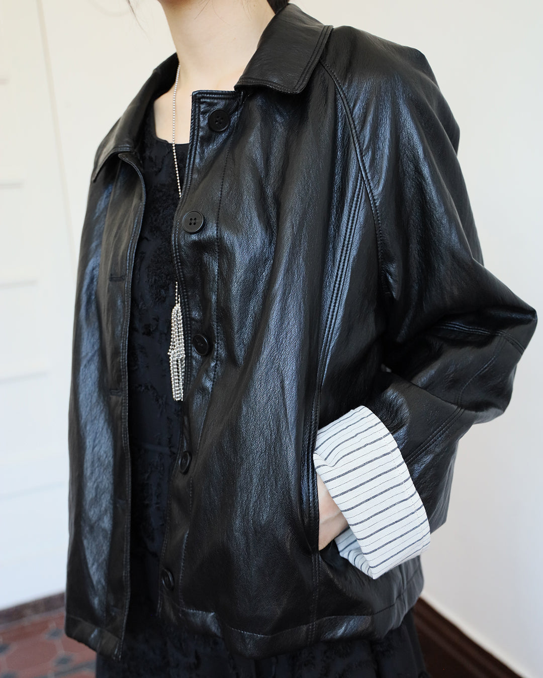 Striped Cuff Faux Leather Jacket