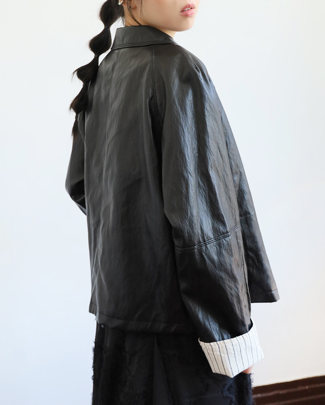Striped Cuff Faux Leather Jacket