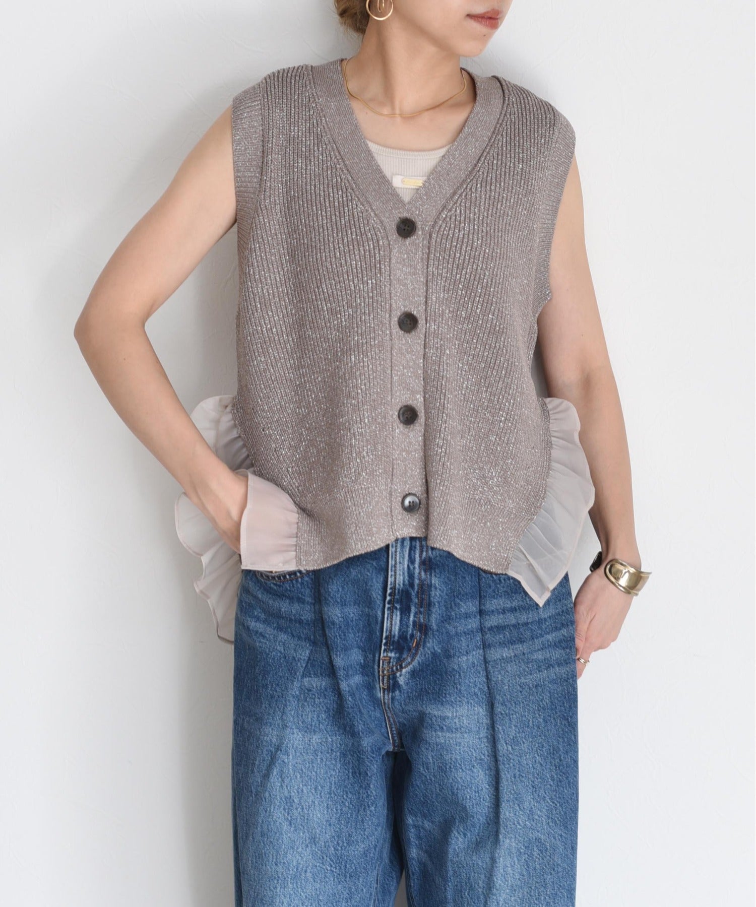 JAPAN BRAND - Metallic Mesh Trim Knitted Vest (3 Colors)