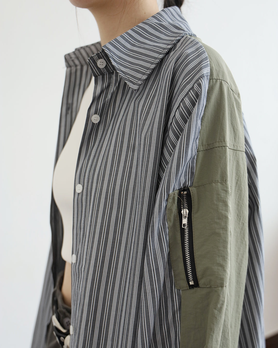 Mix Fabric Pinstripe Shirt (2 Colors)