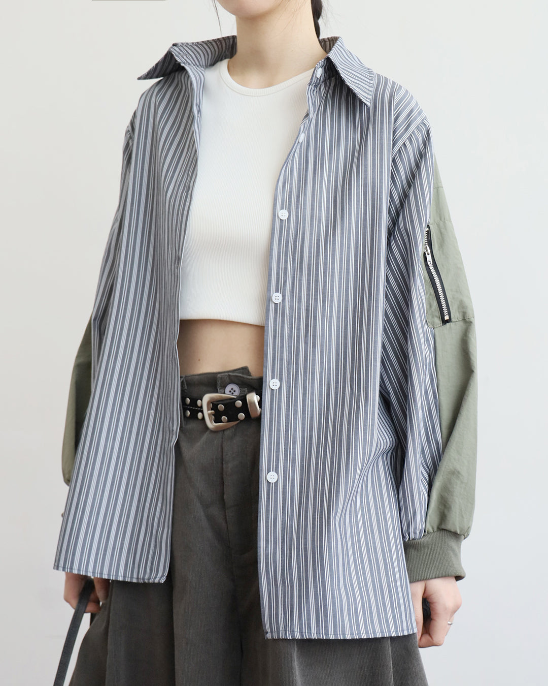 Mix Fabric Pinstripe Shirt (2 Colors)