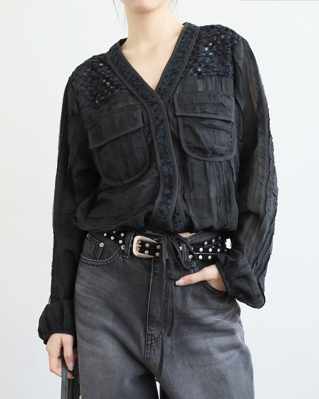 Mix Fabric Drawstring Top (2 Colors)