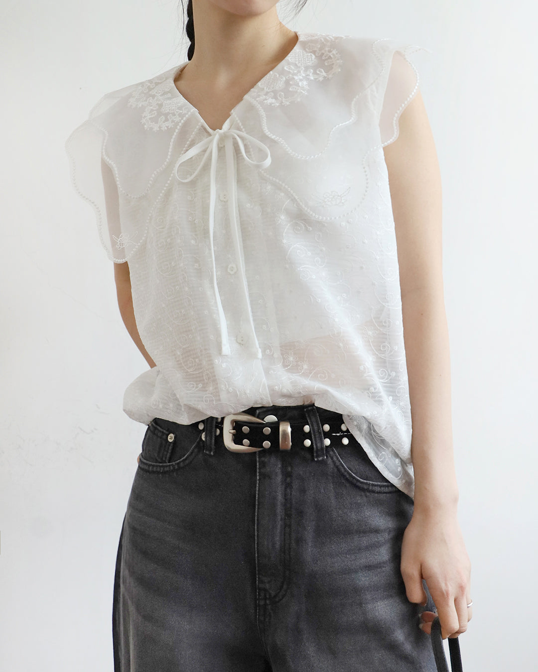 Scalloped Double-Collar Embroidered Blouse