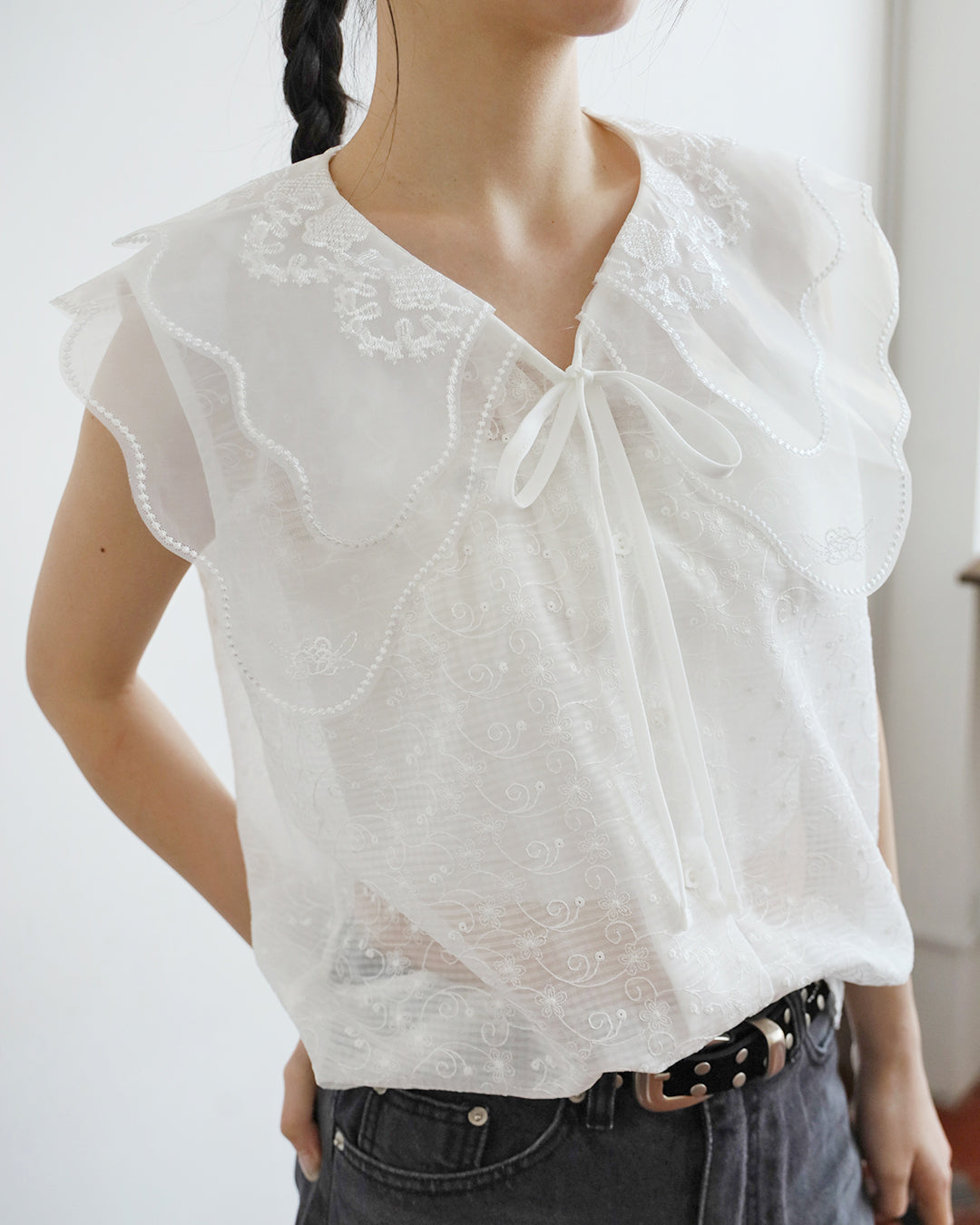 Scalloped Double-Collar Embroidered Blouse