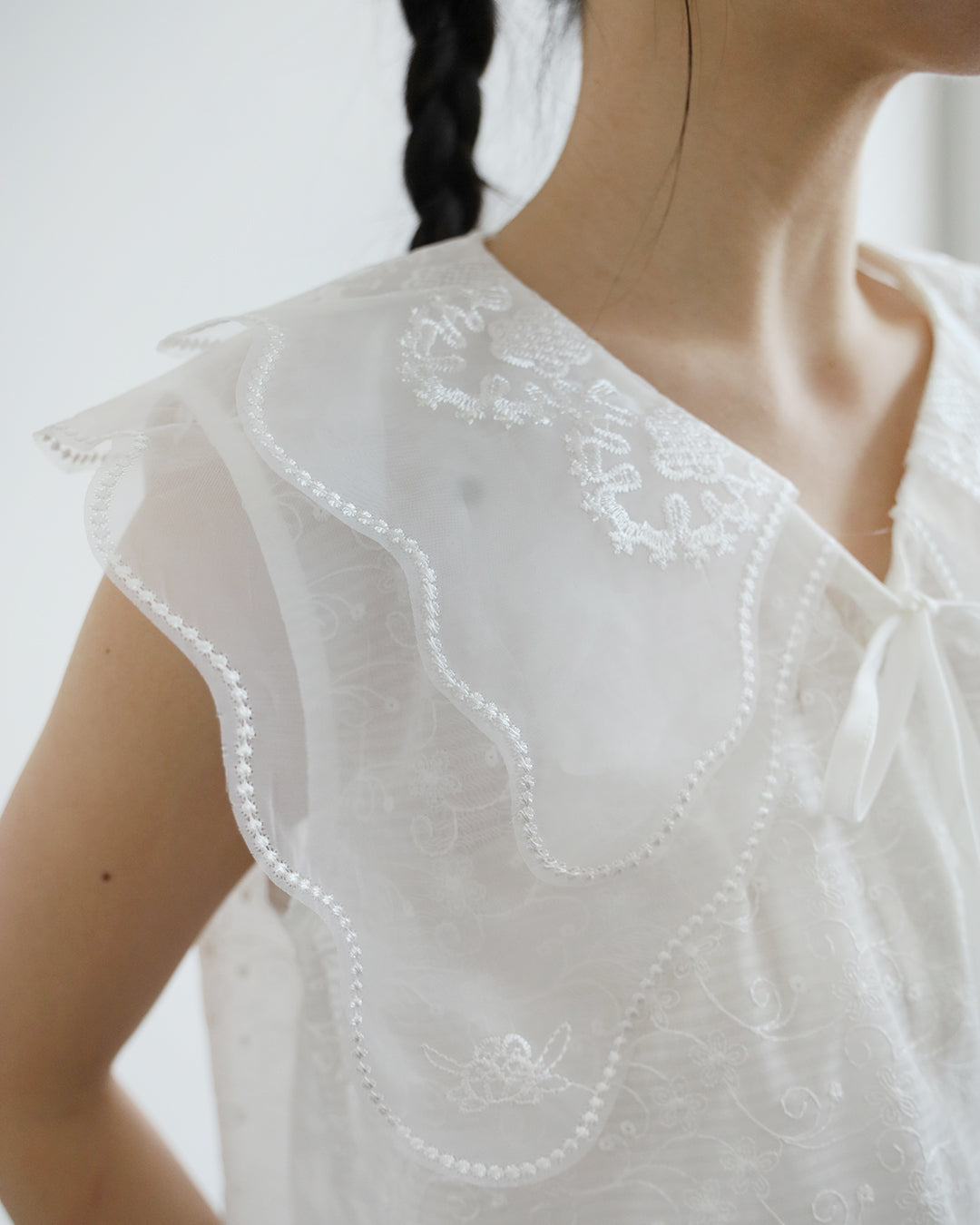 Scalloped Double-Collar Embroidered Blouse