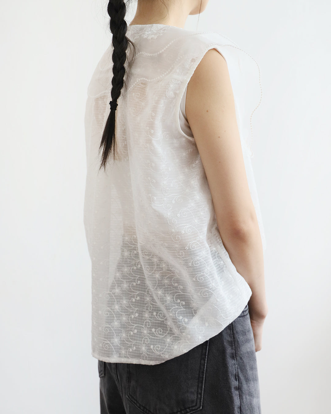 Scalloped Double-Collar Embroidered Blouse