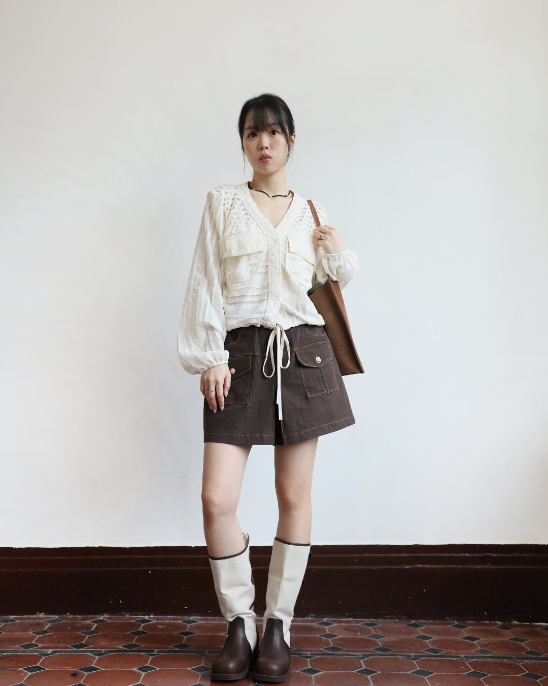 Mix Fabric Drawstring Top (2 Colors)