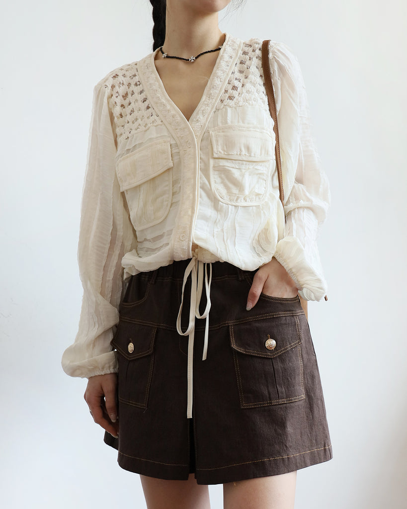 Mix Fabric Drawstring Top (2 Colors)