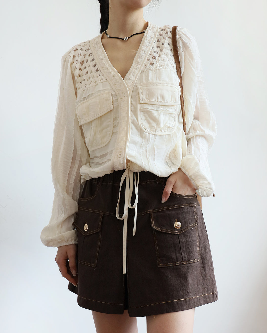 Mix Fabric Drawstring Top (2 Colors)
